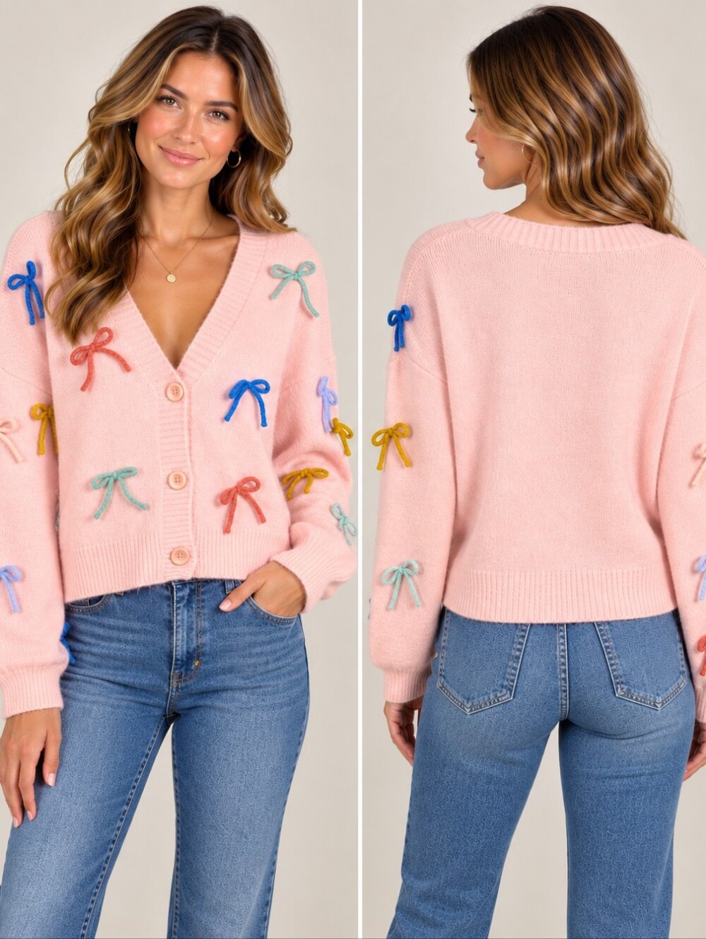 Cloud Ten Pink Multicolor Bow Cardigan Sweater NWT L A3
